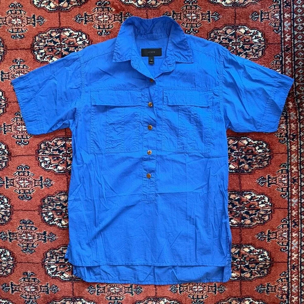 J.Crew‎ Women's XS Cobalt Blue Short Sleeve Button Front PULLOVER Shirt